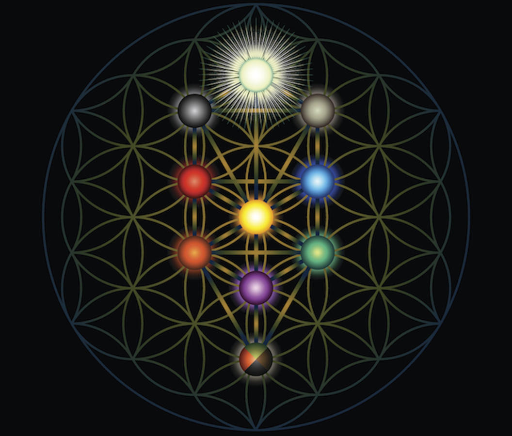 The symbol of Kabbalah, the Tree of Life, is nested here in sacred geometry, the ancient Flower of Life matrix.